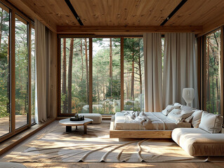 A bedroom with large windows overlooking the forest