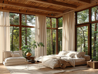 A bedroom with large windows overlooking the forest - 771527123