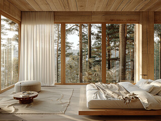 A bedroom with large windows overlooking the forest - 771527141