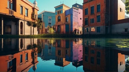 Fototapeta na wymiar Reflected flooded buildings in the water