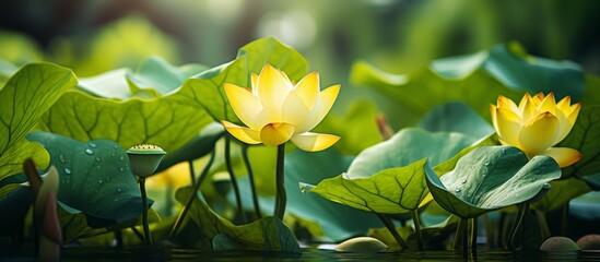 A cluster of sacred lotus flowers with vibrant yellow petals, nestled among lush green leaves in a...