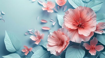 Fototapeta premium 3D paper cut style, pastel color palette, minimalistic, cute flowers in the background, flat lay, aesthetic wallpaper, soft light and shadow