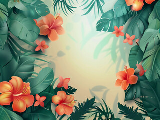 Fototapeta premium Abstract background with vines and tropical flowers. Copy space. Banner 