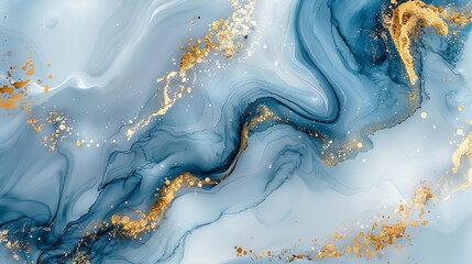 A white background highlights a blue and gold marble pattern, showcasing fluid liquid paint with golden swirls, creating an elegant interior design atmosphere