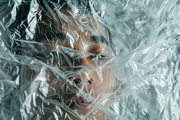 Young man head wrapped in plastic. Male with its body tangled in a plastic bag. Environmental protection. Ecology, future and nature. Concept of global issue of danger, harm and effects of pollution