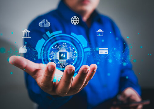 Ai technology, Artificial Intelligence. man using technology smart robot, 
 Robot application by enter command prompt generates something, big data management, Futuristic technology transformation
