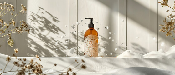 A body wash bottle surrounded by gray circles and natural elements on a white background with light grey shadows, highlighting nature's essence