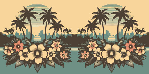 Seamless pattern with palm trees, sunset and hibiscus flowers, tropical summer background design, generative ai