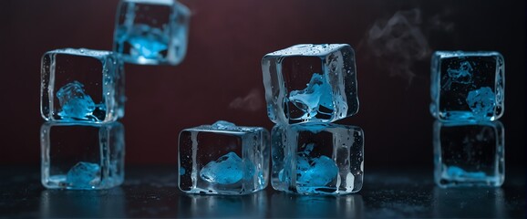Blocks of ice cubes on plain dark colorful background with fog and smoke mist cold from Generative AI