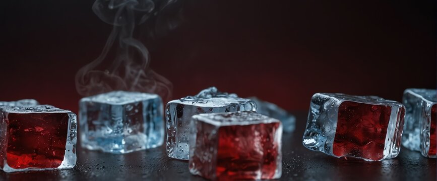 Blocks of ice cubes on plain dark red background with fog and smoke mist cold from Generative AI