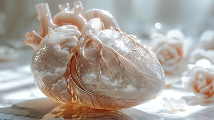 A detailed, hyperrealistic human heart with intricate veins and rose gold accents is displayed on a clean surface with subtle shadows