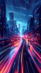 Futuristic City Skyline with Luminous Light Trails Depicting Dynamic Urban Movement and Technological Innovation