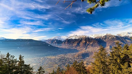 Stunning blue sky over Merano surrounded by majestic mountains. South Tyrol, Italy. - obrazy, fototapety, plakaty