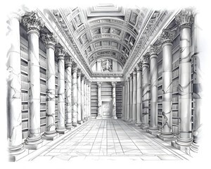 Majestic Archways and Ornate Columns in a Vast Classical Library Hallway Temple of Knowledge