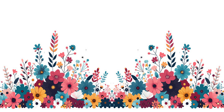 Seamless border with colorful flowers and leaves, decorative summer floral garden, Vector, generative ai