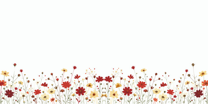 Seamless border with red and yellow flowers on a white background, decorative summer floral, generative ai