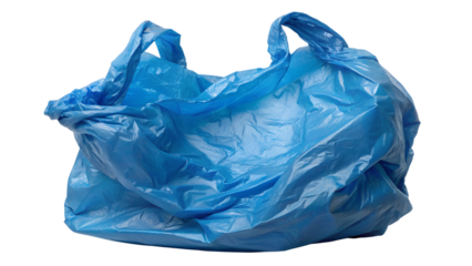 Blue Crumpled Plastic Shopping Grocery Bag in fly, Transparent Background,