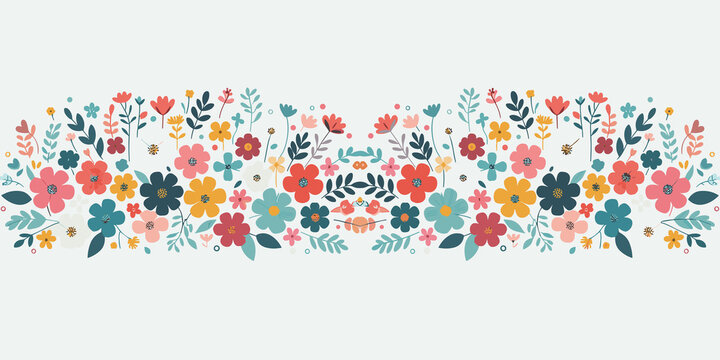 Seamless floral border with flowers and leaves, summer floral decoration, Vector illustration, generative ai