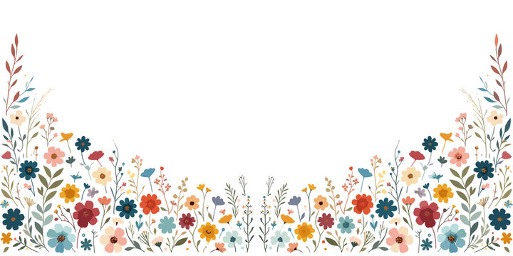 Floral border with flowers and leaves, beautiful summer floral decoration, vector illustration, generative ai