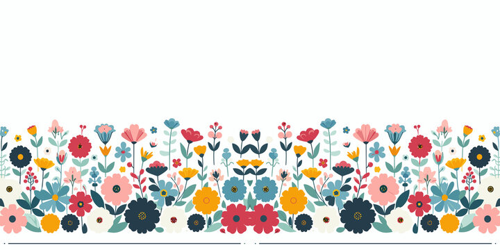 Seamless border with colorful flowers and leaves, summer floral ornamental decoration, Vector, generative ai