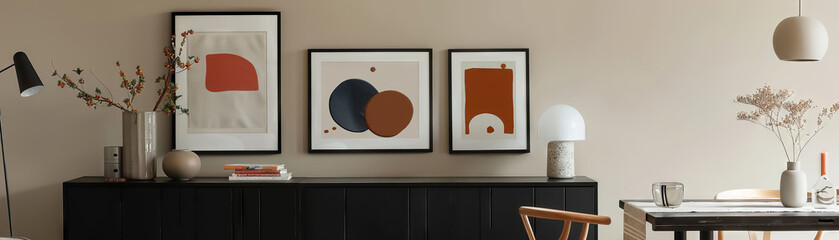 A minimalist gallery wall displays five framed abstract prints on a light beige background above a...