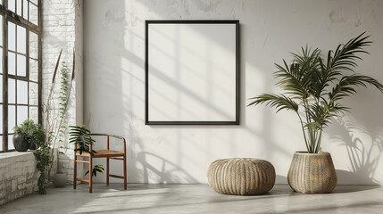 A minimalist black frame hangs on white walls with concrete floors in Scandinavian style, complemented by a rattan stool holding an artwork or book, creating a serene and simple atmosphere - obrazy, fototapety, plakaty