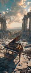 A solitary, elegant grand piano standing amidst the ruins of an ancient amphitheater, under the open sky, Hyper realistic