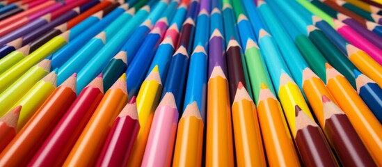 A variety of colorful pencils are neatly arranged in a row on a table, showcasing a range of vibrant tints and shades. These writing implements add a pop of color to any office space - Powered by Adobe