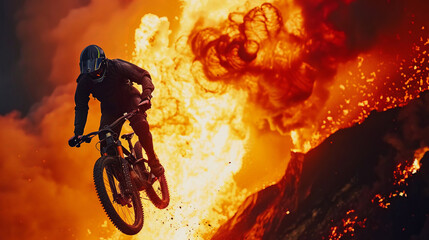A thrillseeker who designs an extreme sports park in an active volcano, offering an adrenaline rush with safety innovations - obrazy, fototapety, plakaty