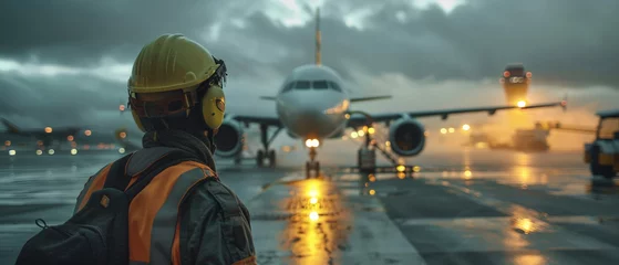 Tuinposter Capturing the panic of an airline ground crew as equipment malfunctions, showcasing the dangers of airport runways © Jariya