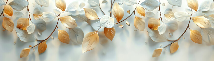 A hand-drawn style artwork on a white background with gold and green leaves, featuring a minimalistic design and an anime aesthetic
