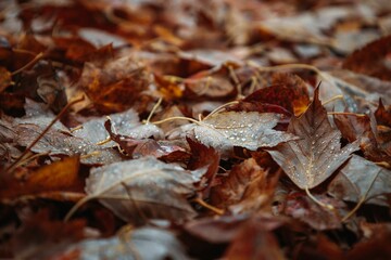 many dried leaves with water drops on them in the middle
