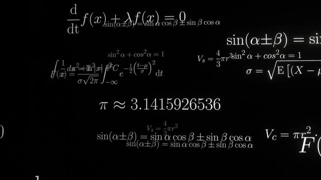 Mathematical equations camera fly-through (endless loop).
Equations of trigonometry, analysis, functional analysis, statistics, geometry,.
Mathematical symbols in high-quality typesetting.
