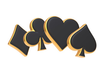 Luxurious black and gold poker card suits, exuding a sense of exclusivity and high-stakes play isolated on a white background. 3D render illustration