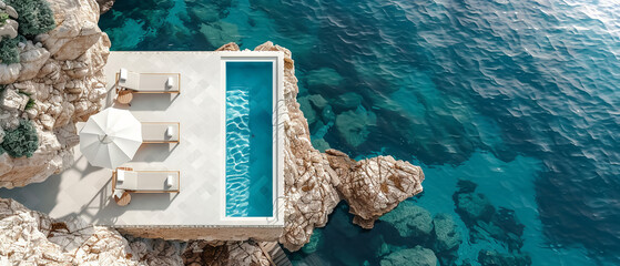 Obraz na płótnie Canvas A top view captures an elegant minimalist hotel pool, surrounded by white and beige lounge chairs and umbrellas, overlooking the sea in Greece