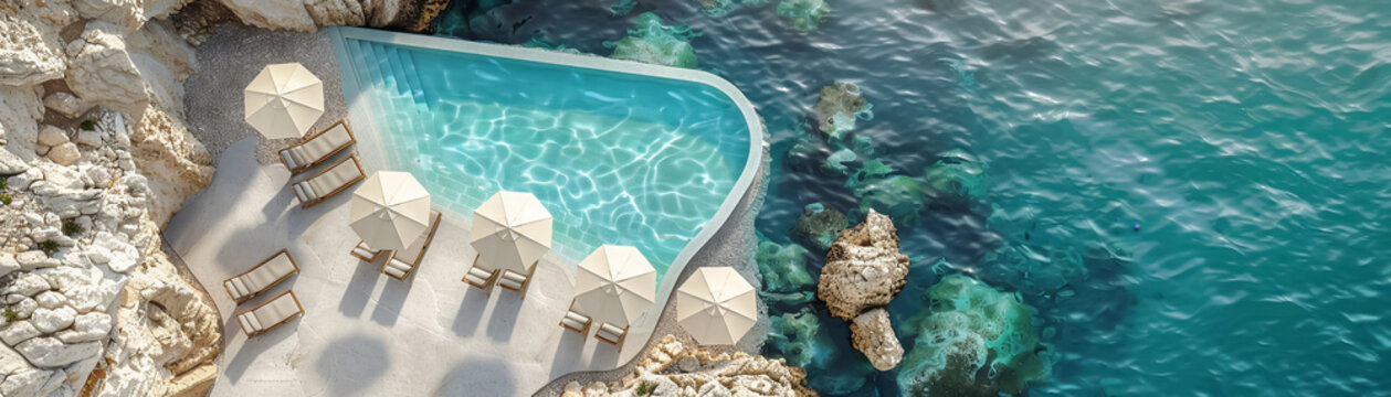 Top view of luxury hotel with pool, beach chairs and umbrellas, white walls, light blue water, rocks, minimalist design, neutral colors, architectural photography