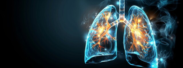 futuristic medical research or lungs health care with diagnosis and vitals biometrics for clinical hospital asthma and respiratory cancer and disease tests services as wide banner with copy space