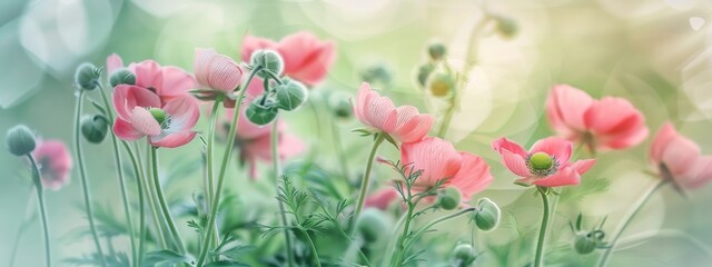 Gently pink flowers of anemones outdoors in summer spring close-up on light emerald background with soft selective focus. Delicate dreamy image of beauty of nature.