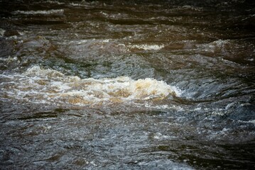 a close up of a body of water with a brown and white substance