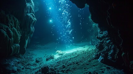 Undersea cave illuminated by bioluminescent organisms, revealing hidden details of the environment no dust