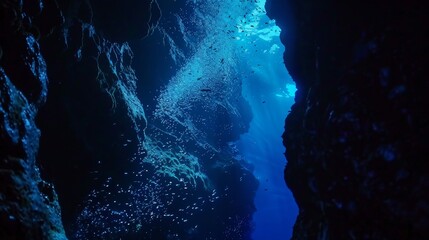 Undersea cave illuminated by bioluminescent organisms, revealing hidden details of the environment no dust - obrazy, fototapety, plakaty