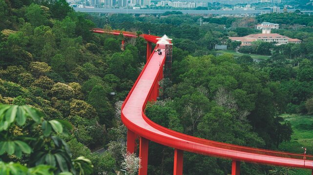 the red sky trestle bridge in Hongqiao Park, Guangming District, Shenzhen