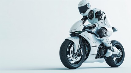 Robot driving white motor cycle copy space background modern technology