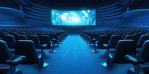 Within the cinema interior, the atmosphere is set with rows of seats arranged neatly, all focused on the blank white screen, awaiting the flicker of cinematic magic. - obrazy, fototapety, plakaty