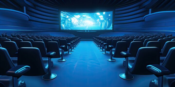 Within the cinema interior, the atmosphere is set with rows of seats arranged neatly, all focused on the blank white screen, awaiting the flicker of cinematic magic.
