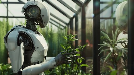 Robot planting in green house smart farmer helping technology - obrazy, fototapety, plakaty