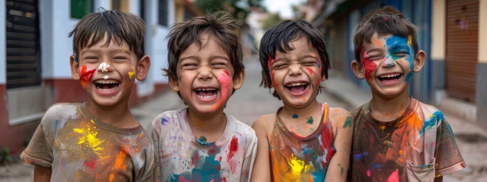Happy smiling children smeared with paint