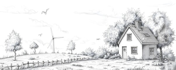 Picturesque Rural Cottage with Renewable Energy Installations in Scenic Countryside Landscape