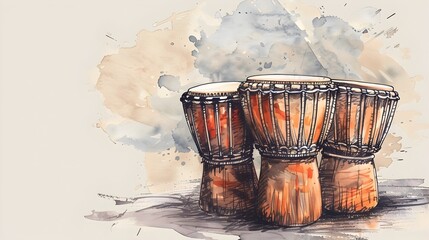 Vibrant Hand Drawn of Traditional African Drums in a Rhythmic Drum Circle Depicting the Soulful Energy and of Tribal Culture