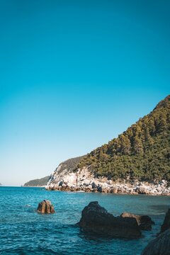 Idyllic image of a tranquil ocean with rocks in the foreground, Skopelos island, Greece